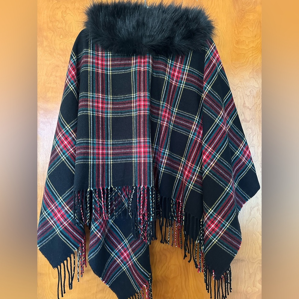 J. Crew Faux Fur and Holiday Wool Plaid Fringe Shawl, Wrap, Cape, OS - Picture 3 of 3